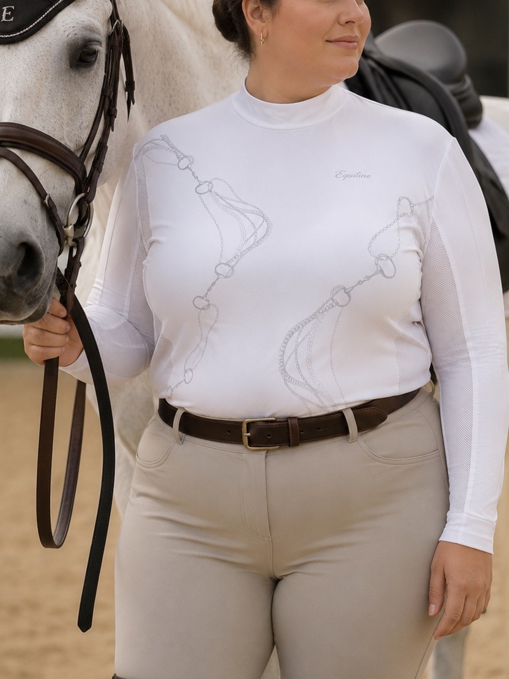 Equiline Nadia Equestrian Dressage White Long Sleeve Horse Show Shirt XXL
